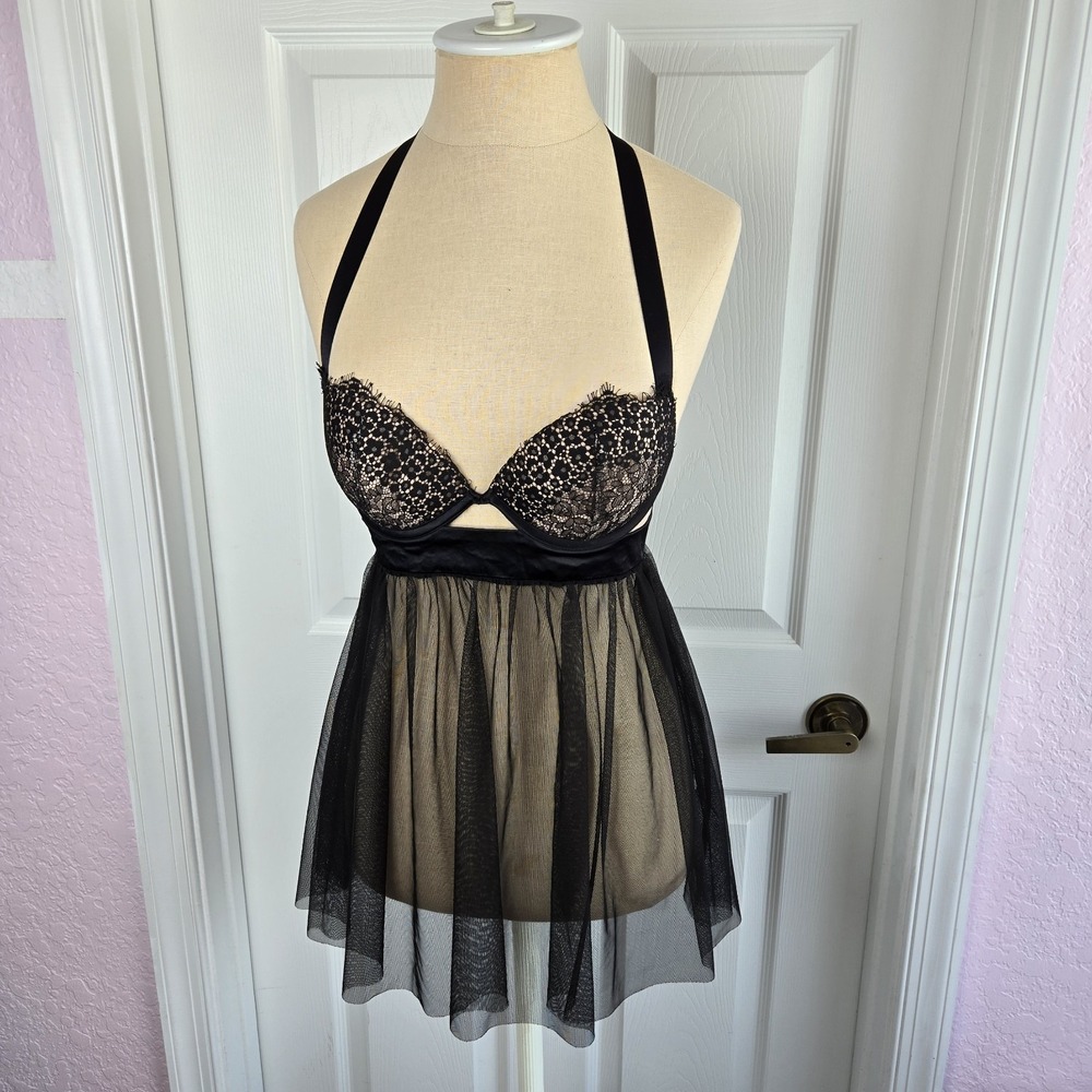 Victoria's Secret Very Sexy Push Up Black Baby Doll Top Nightie Size 32C Halter